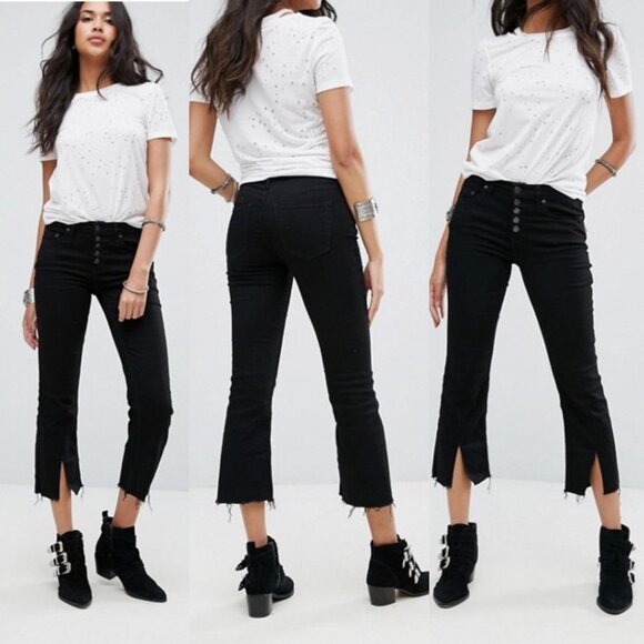 NWT Free People Cropped Button Front Black Jeans Size 24 Flare Denim Raw Hem NEW - Picture 1 of 12